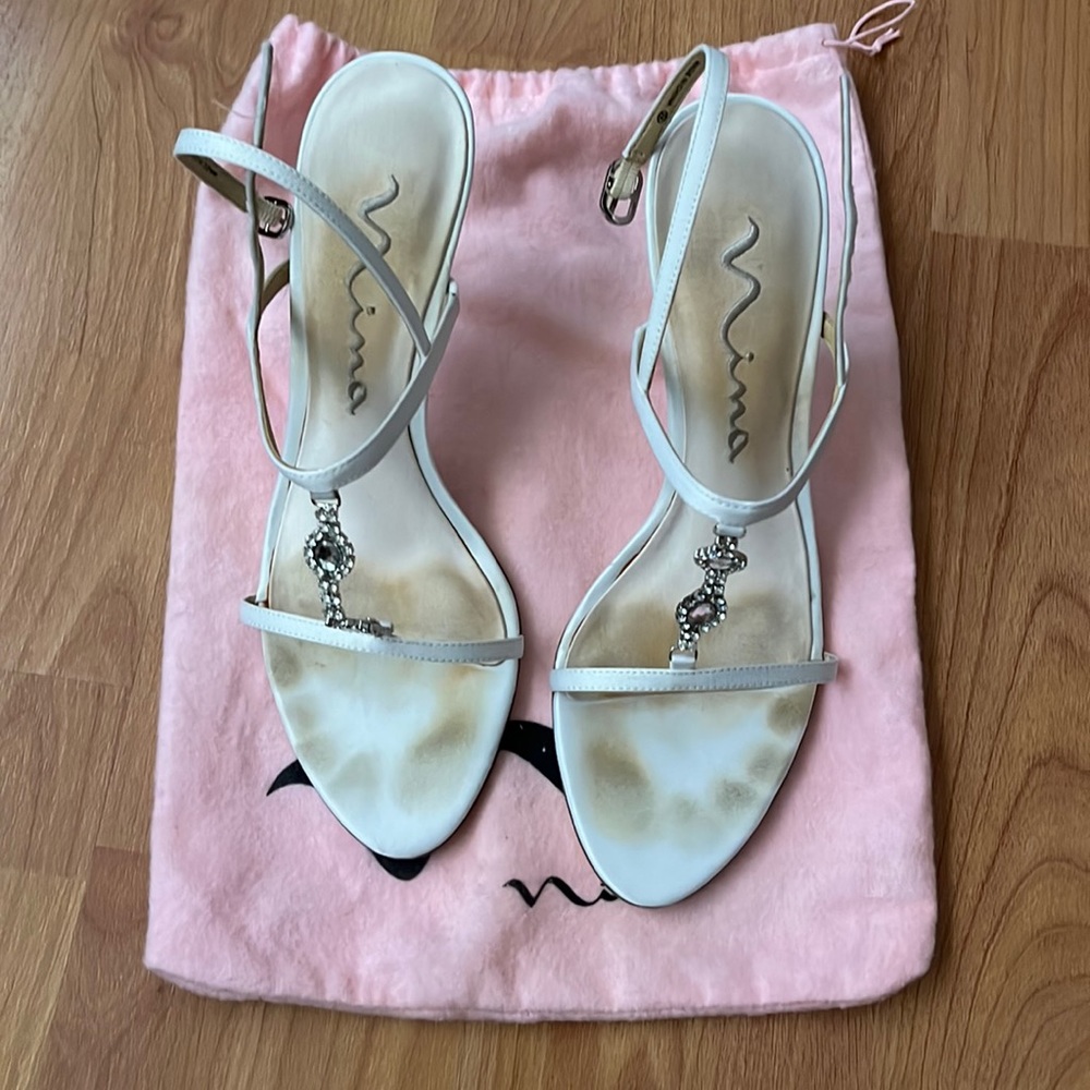Strappy white 3.5 in heels with rhinestones